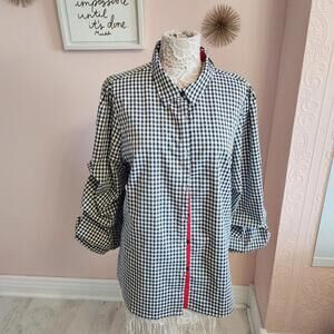 euc I.N.S.I.G.H.T. gingham black white check with red top blouse button  XL